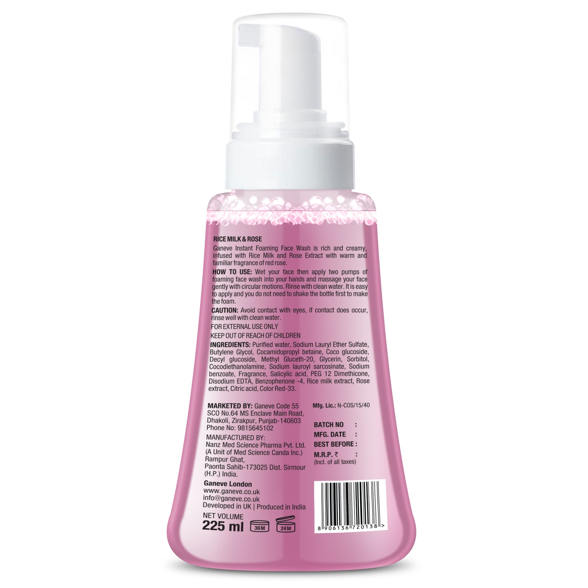 Ganeve London Rice milk & Rose Foaming Face Wash 225 Ml Pack 1