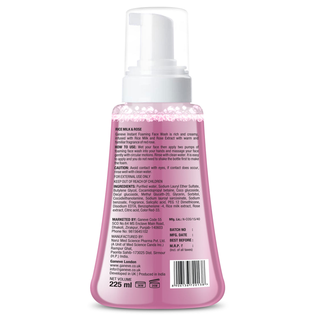 Ganeve London Rice milk & Rose Foaming Face Wash 225 Ml Pack 1