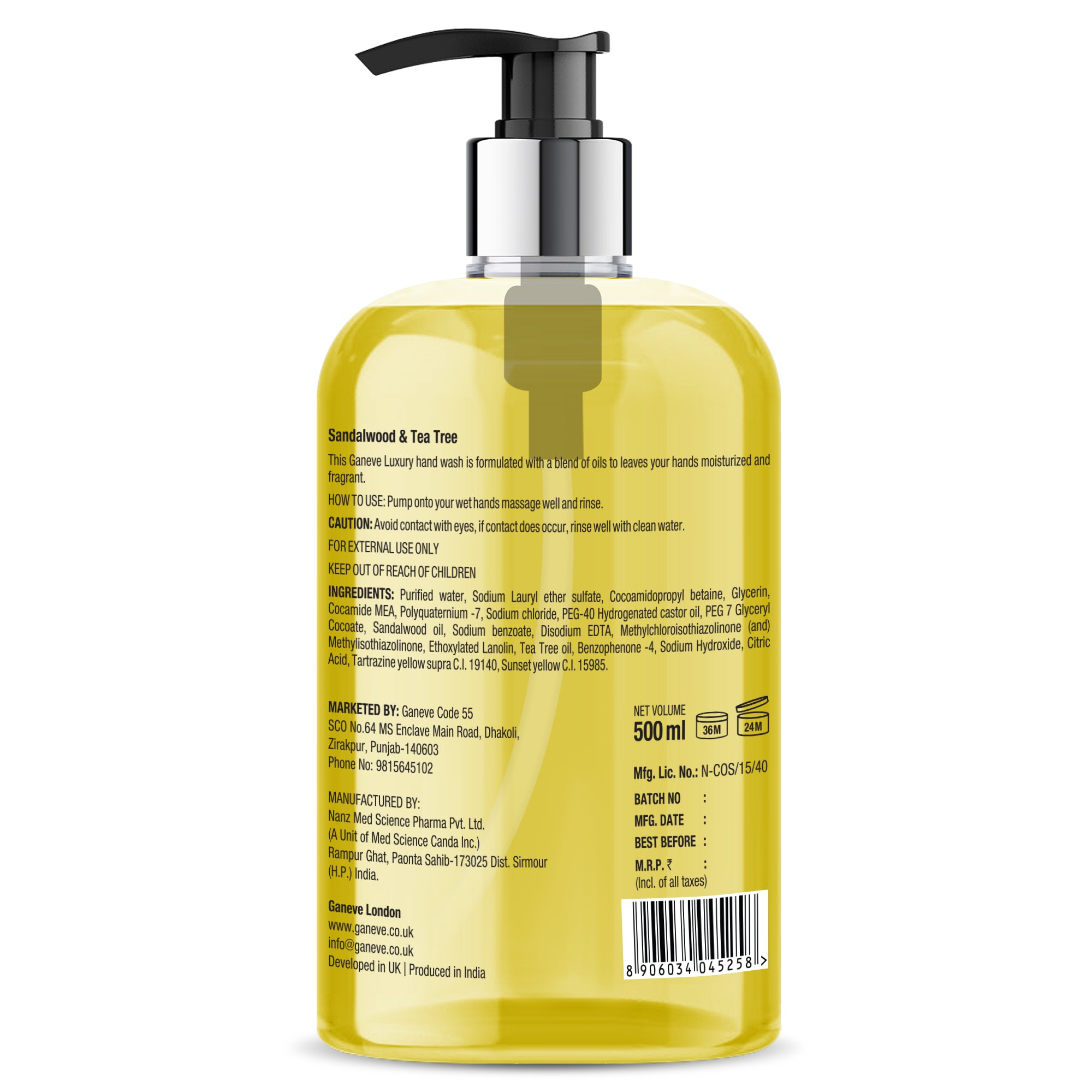 Ganeve London Sandalwood & Tea Tree Luxury Handwash 500 Ml Pack 1